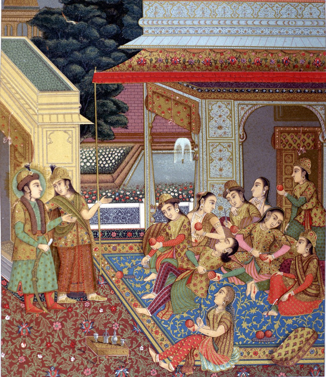 Indyjski harem. Ilustracja miniatury Moghol (szkoła indyjskich miniaturzystów XVI i XVII wieku). autorstwa Indian School