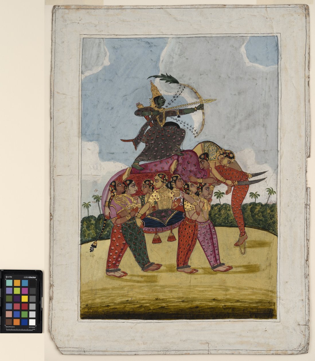 Słoń złożony z tańczących kobiet służy jako wierzchowiec dla łucznika, ok. 1825 r. (nieprzezroczysta akwarela i złoto na papierze) autorstwa Indian School