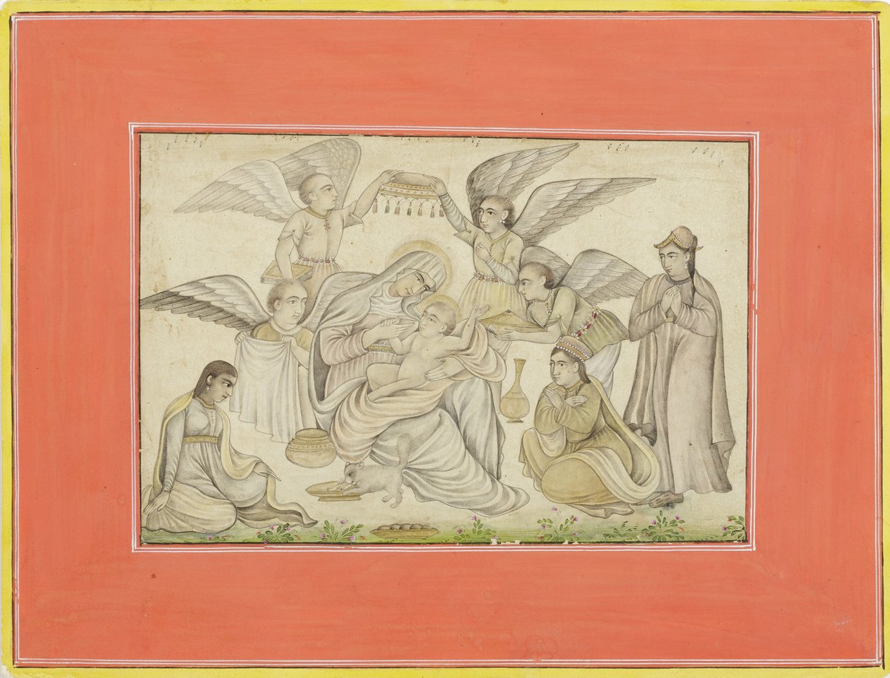 Angels Attend Mary and Jesus, ok. 1665 (nieprzezroczysta toaleta i złoto na papierze) autorstwa Indian School