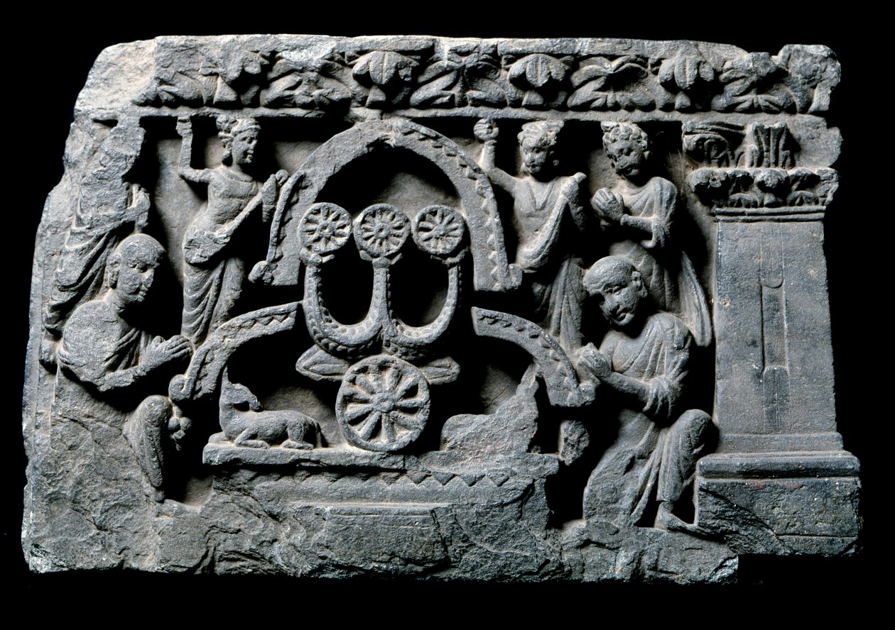 Sztuka Gandhary (lub grecko-buddyzm): „”Budda w modlitwie””cud Śrawasti (Śrawasti lub Savatthi) (Modlący się Budda, cud Śrawasti) Relief Szkoły Gandhary - II-IV wiek - Muzeum Indii, Kalkuta Indie autorstwa Indian School