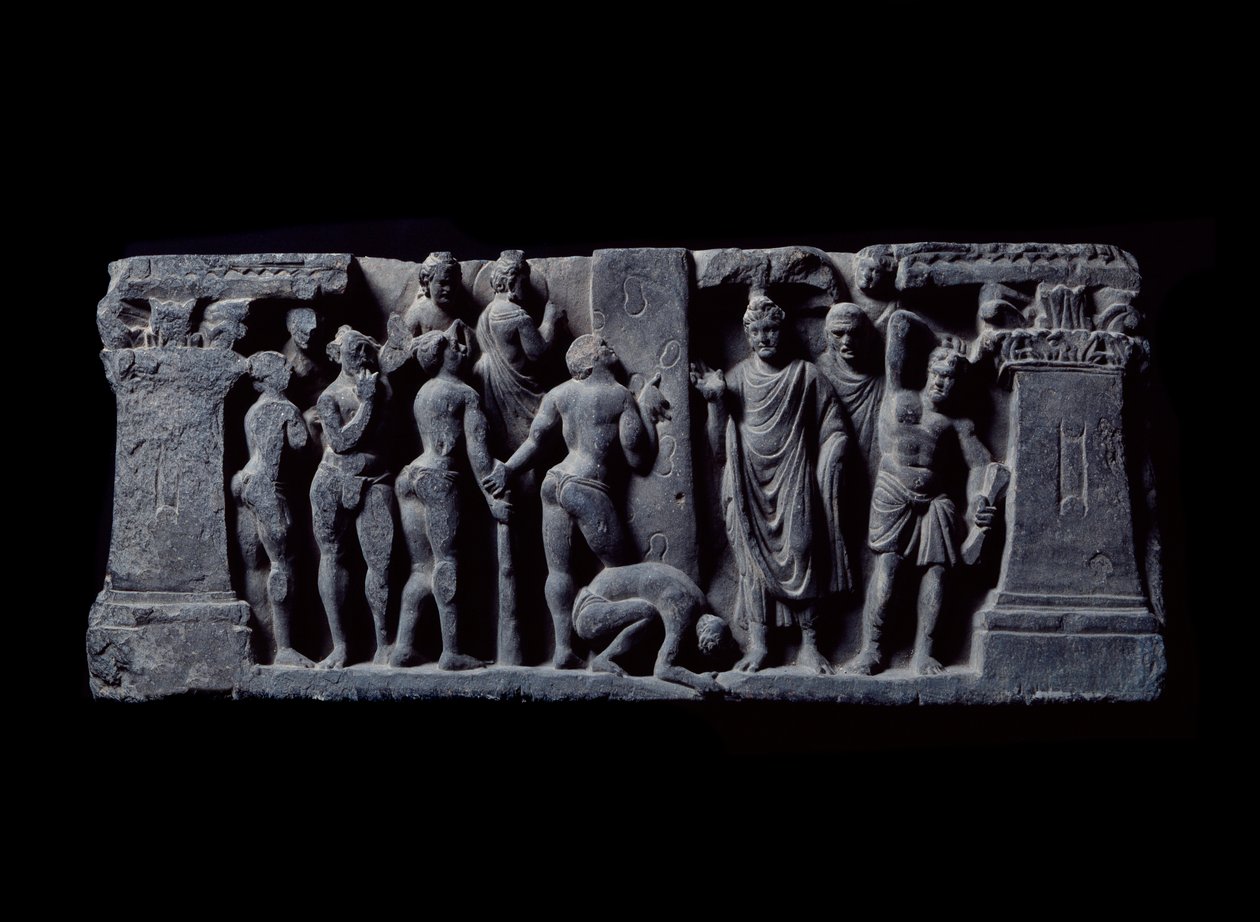 Sztuka Gandhary (lub grecko-buddyzm): „”Łucznicy Devadatta atakują Gautamę”” (łucznicy Devatty atakują Gautamę Buddę) Relief of the Gandhara School - II-IV wiek - Muzeum Indii, Kalkuta, Indie autorstwa Indian School