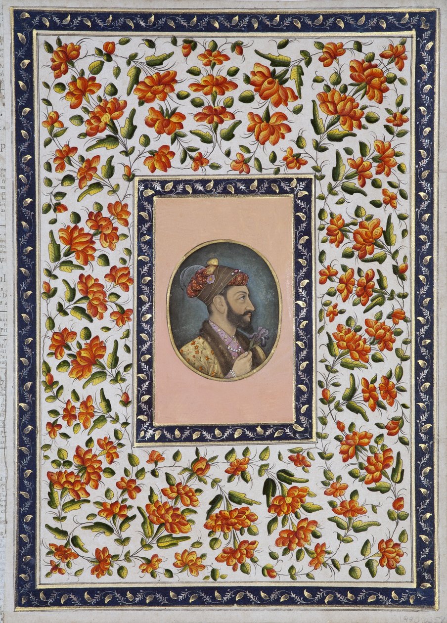 Aurangzeb Bahadur trzymający tęczówkę, ok. 1650 (nieprzezroczysta toaleta i złoto na papierze) autorstwa Indian School