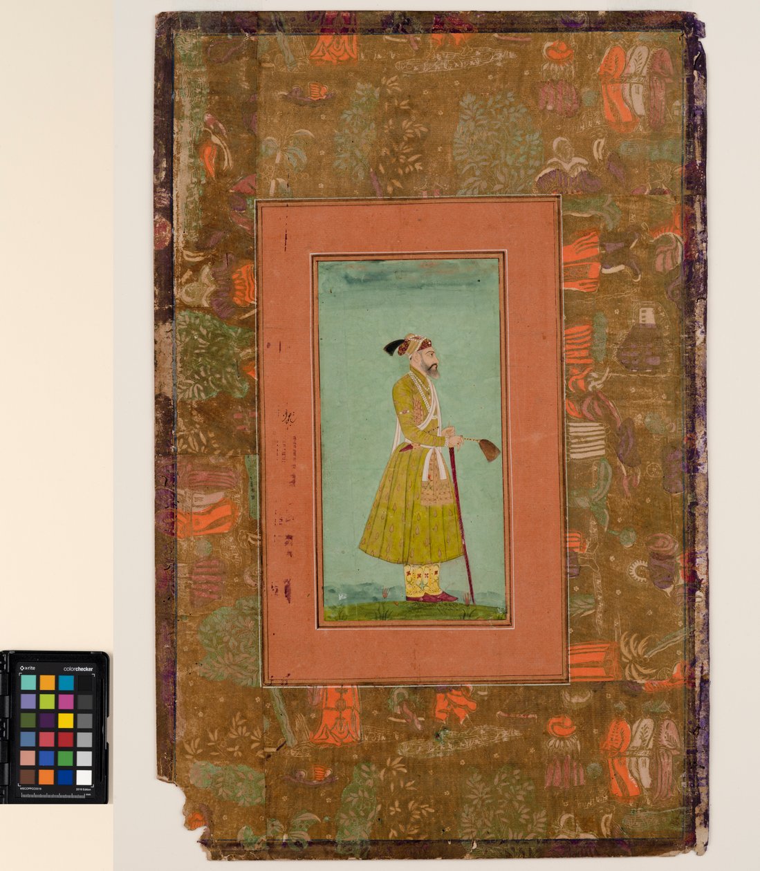 Aurangzeb trzymający trzepaczkę, ok. 1680 (nieprzezroczysta akwarela i złoto na papierze, zamocowane na stronie albumu) autorstwa Indian School