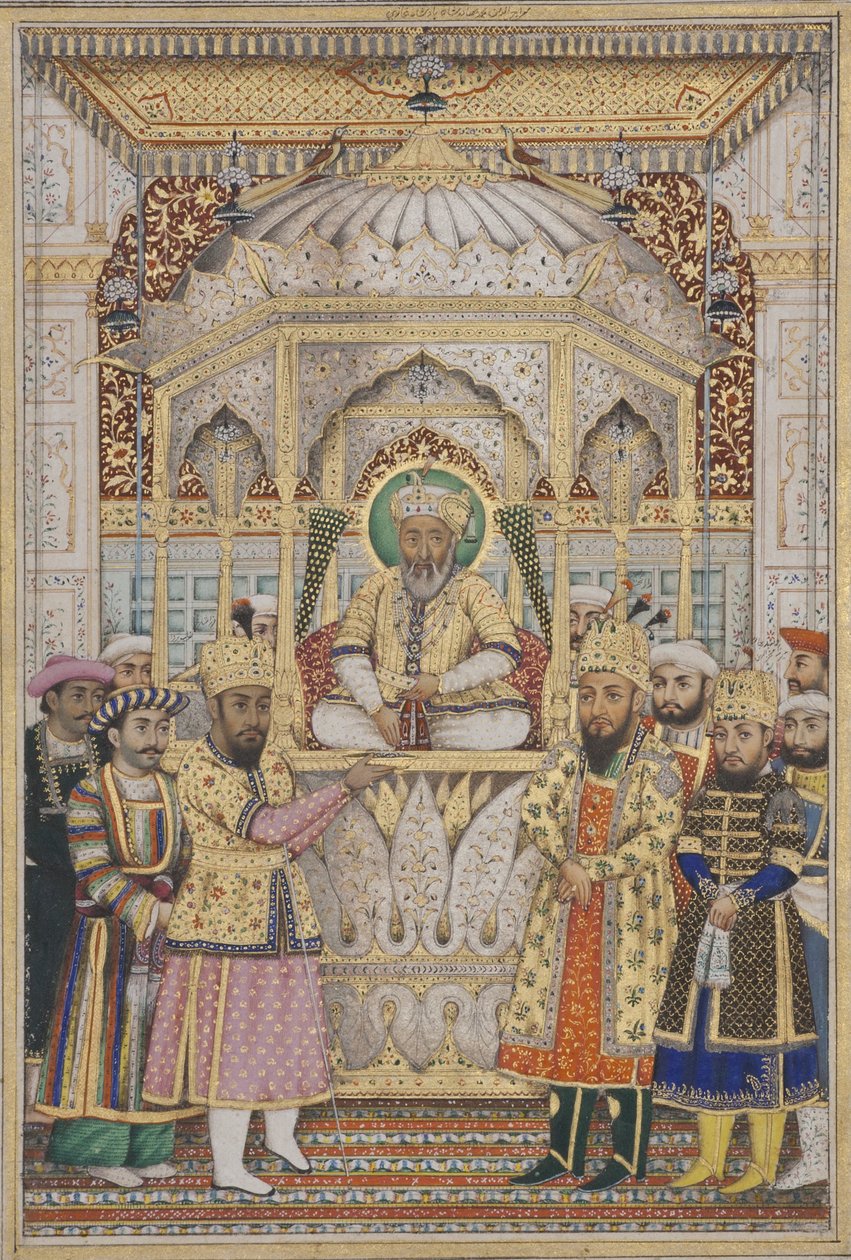 Bahadur Shah II w Darbar, ok. 1837 (nieprzezroczysta toaleta i złoto na papierze) autorstwa Indian School