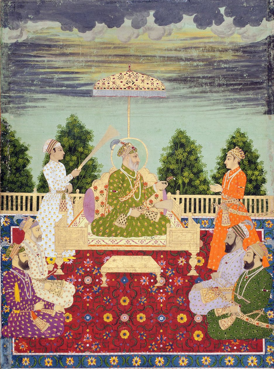 Bahadur Shah z czterema synami i wnukiem, ok. 1710 (akwarela i złoto na papierze) autorstwa Indian School