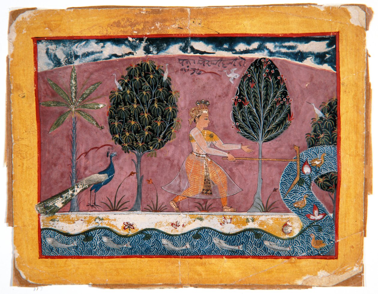 Balarama z jego lemieszem nad rzeką Jamna, ok. 1590-1600 (nieprzezroczysta toaleta i złoto na papierze) autorstwa Indian School