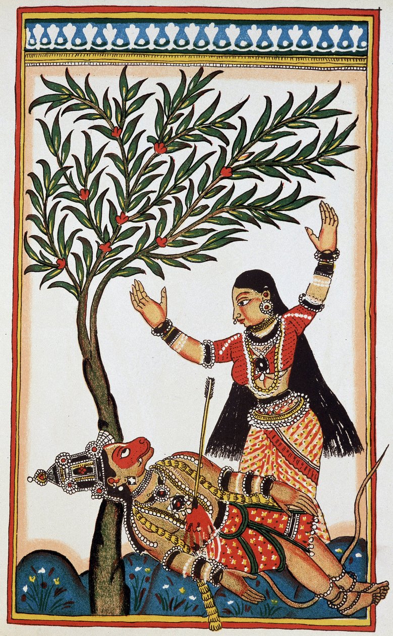 Bali zabity strzałą, obok niego jego żona Tara, litowa osiemnasta. autorstwa Indian School