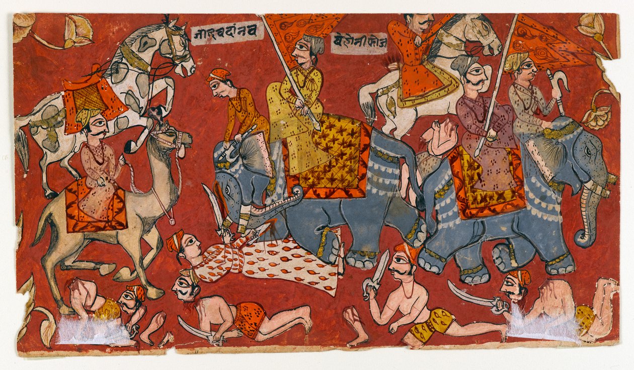Scena bitwy z serii Bhagavata Purana, ok. 1625-50 (akwarela i złoto na papierze) (wersja 499329) autorstwa Indian School