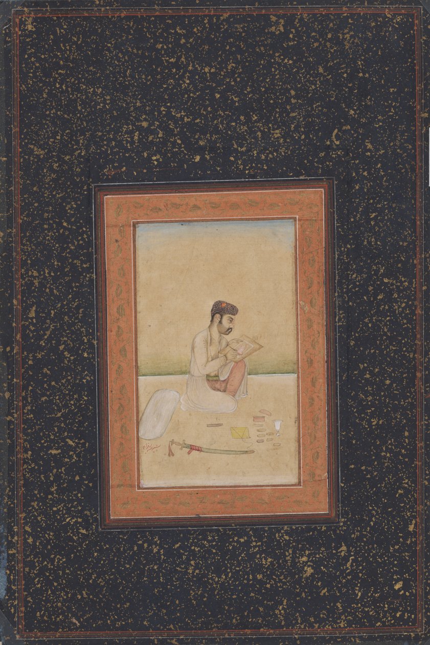 Behzad malarz w okularach (atrament, kolor i złoto na papierze) autorstwa Indian School