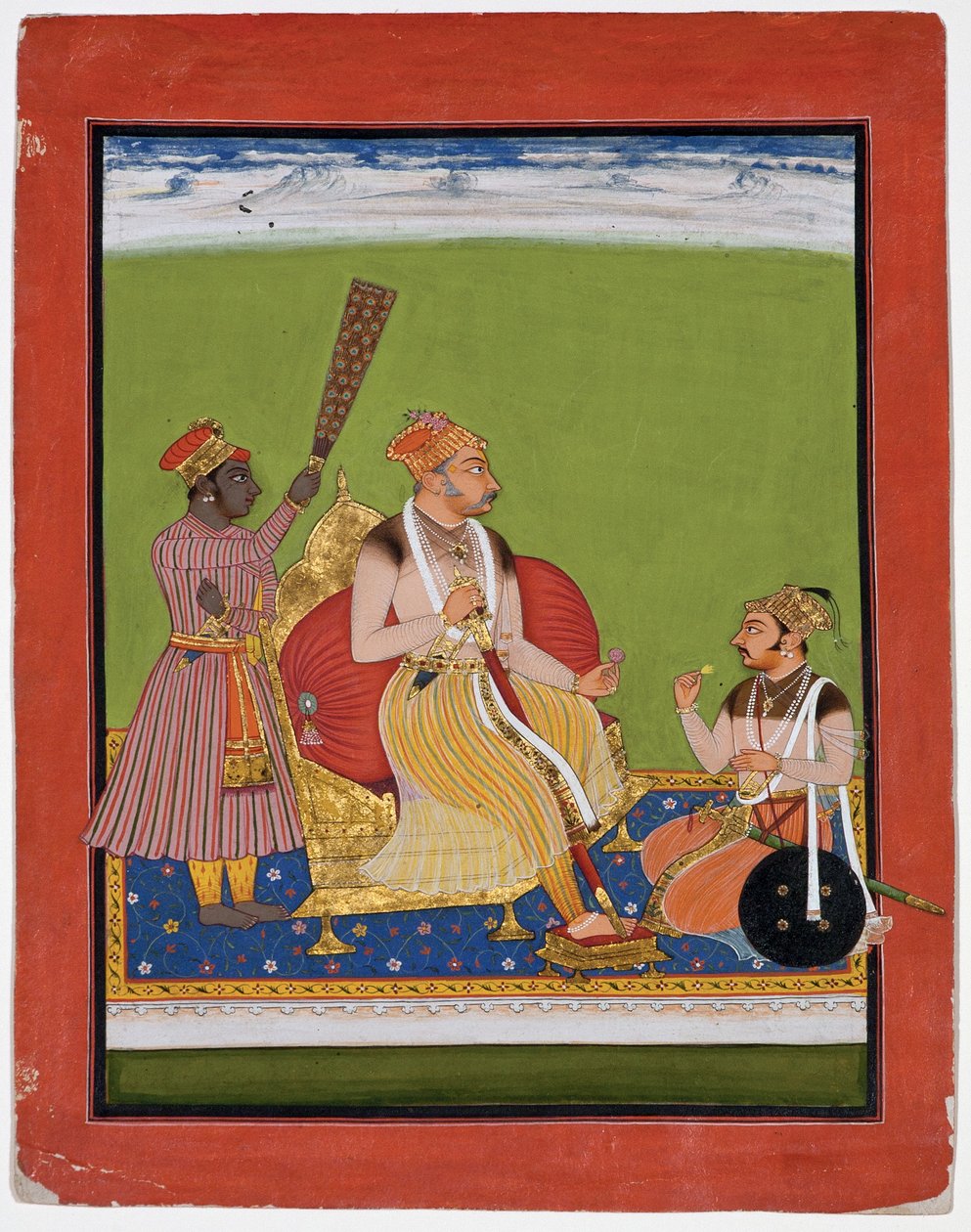 Bhao Singh na tronie ze szlachcicem u jego stóp, ok. 1680 (nieprzezroczysta toaleta i złoto na papierze) autorstwa Indian School