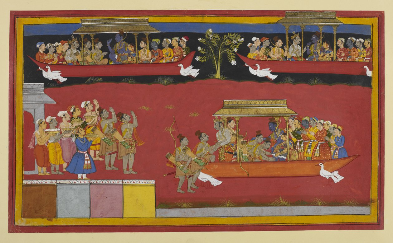 Bharata i Śatrughna witają Rāmę i Sītā, gdy Puṣpaka odchodzi autorstwa Indian School