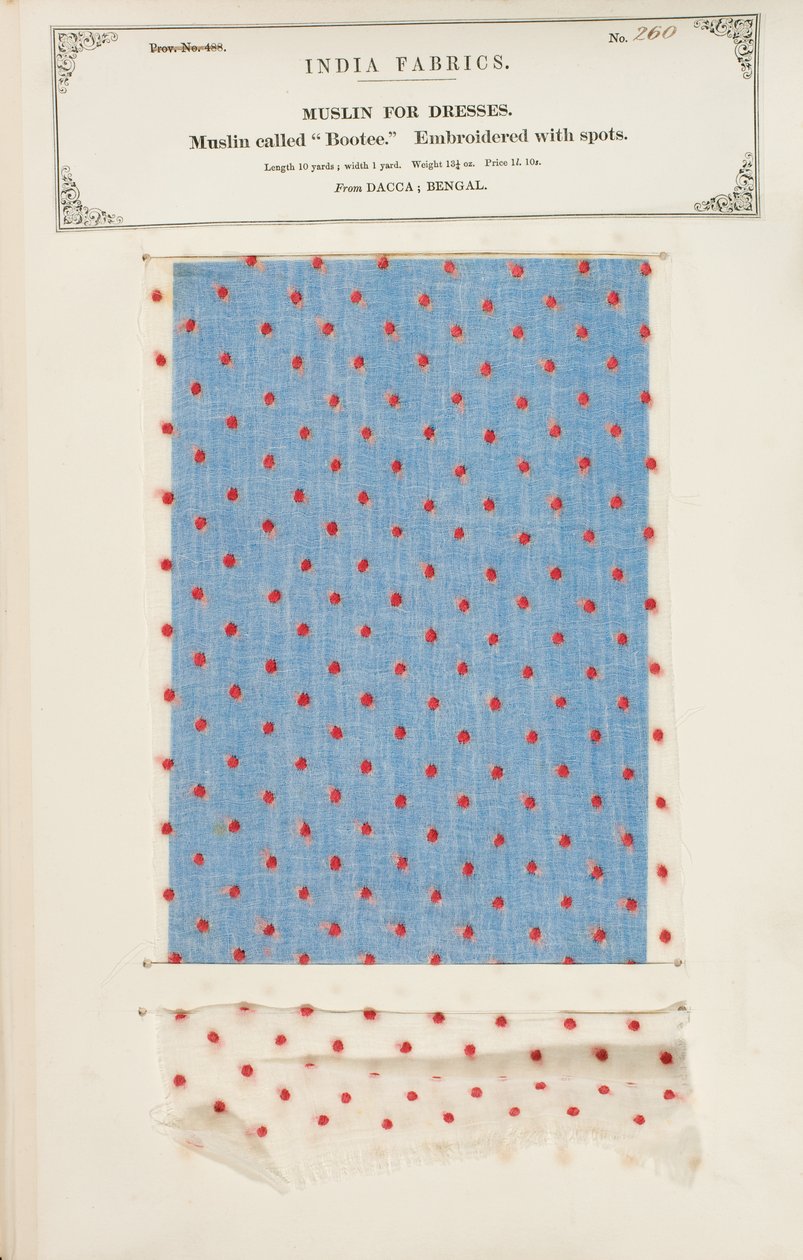 Próbka muślinu Bootee haftowana plamami z Dacca w Bengalu, z The Collection of the Textile Manufacturers of India, Johna Forbesa Watsona, opublikowanej w 1866 roku autorstwa Indian School