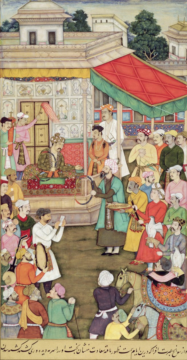 CBL w 03.54 Akbar (r.1556-1605) otrzymuje dary od ambasadorów Badakhshan, od Akbarnama, c.1605 autorstwa Indian School