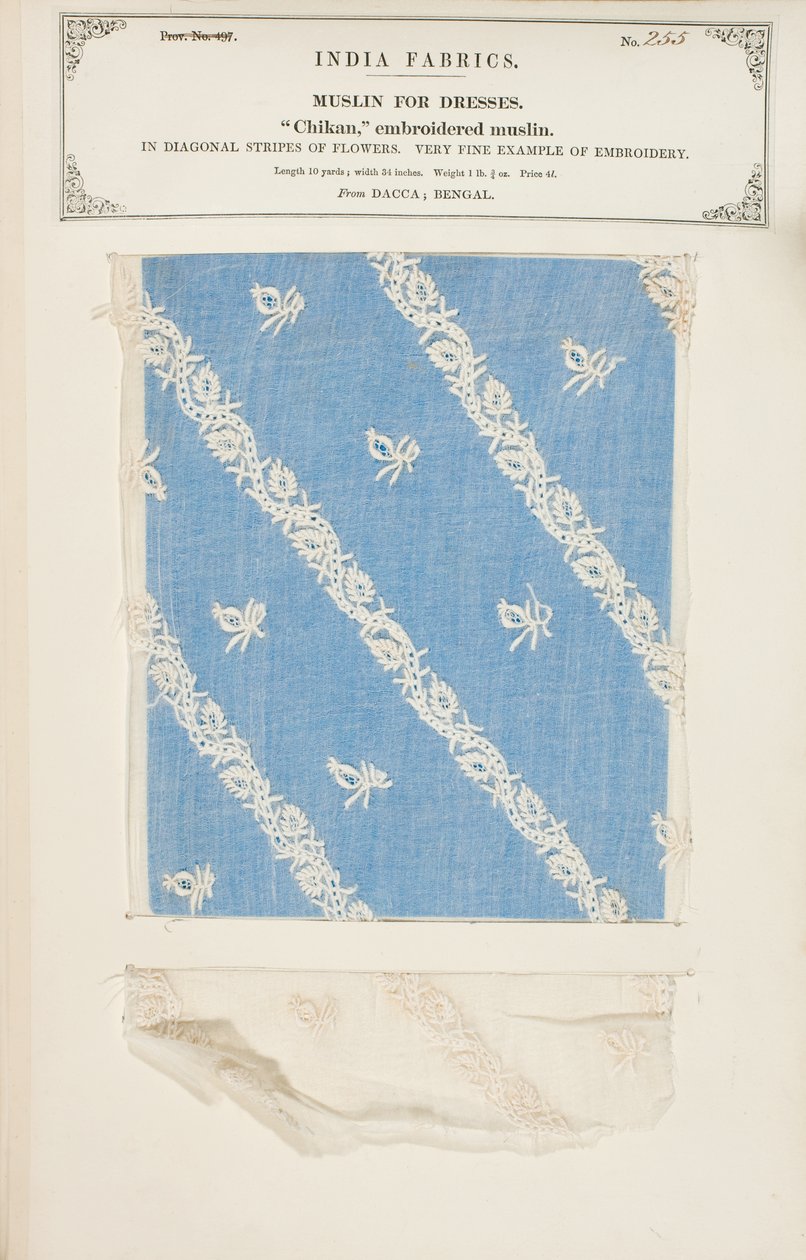 Próbka muślinu haftowanego Chikan z Dacca w Bengalu, z The Collection of the Textile Manufacturers of India, autorstwa Johna Forbesa Watsona, opublikowana w 1866 roku autorstwa Indian School