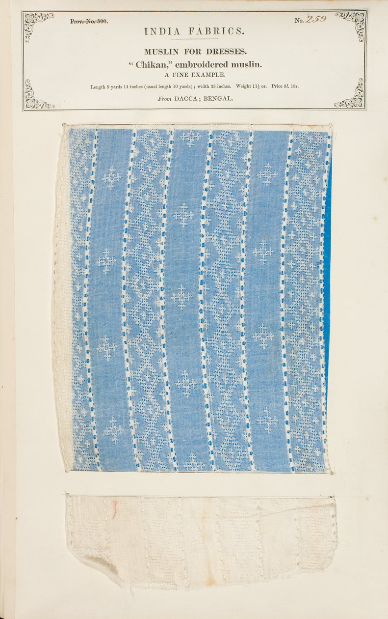 Próbka muślinu haftowanego Chikan z Dacca w Bengalu, z The Collection of the Textile Manufacturers of India, autorstwa Johna Forbesa Watsona, opublikowana w 1866 roku autorstwa Indian School