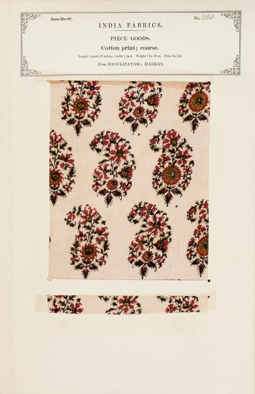 Próbka z grubej bawełny z Masulipatam w Madrasie, z The Collection of the Textile Manufacturers of India, autorstwa Johna Forbesa Watsona, opublikowana w 1866 r. autorstwa Indian School
