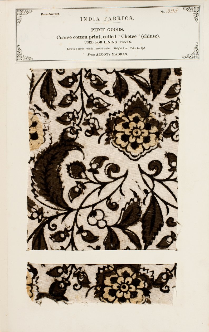 Próbka grubej bawełny z wzorem cheee (perkal) z Arcot w Madrasie, z The Collection of the Textile Manufacturers of India, Johna Forbesa Watsona, opublikowanej w 1866 r. autorstwa Indian School