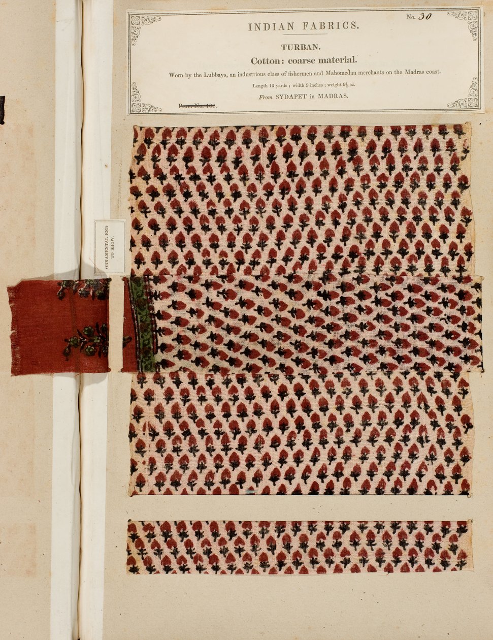 Próbka grubego bawełnianego turbanu z Sydapet w Madrasie, z The Collection of the Textile Manufacturers of India, Johna Forbesa Watsona, opublikowana w 1866 r. autorstwa Indian School