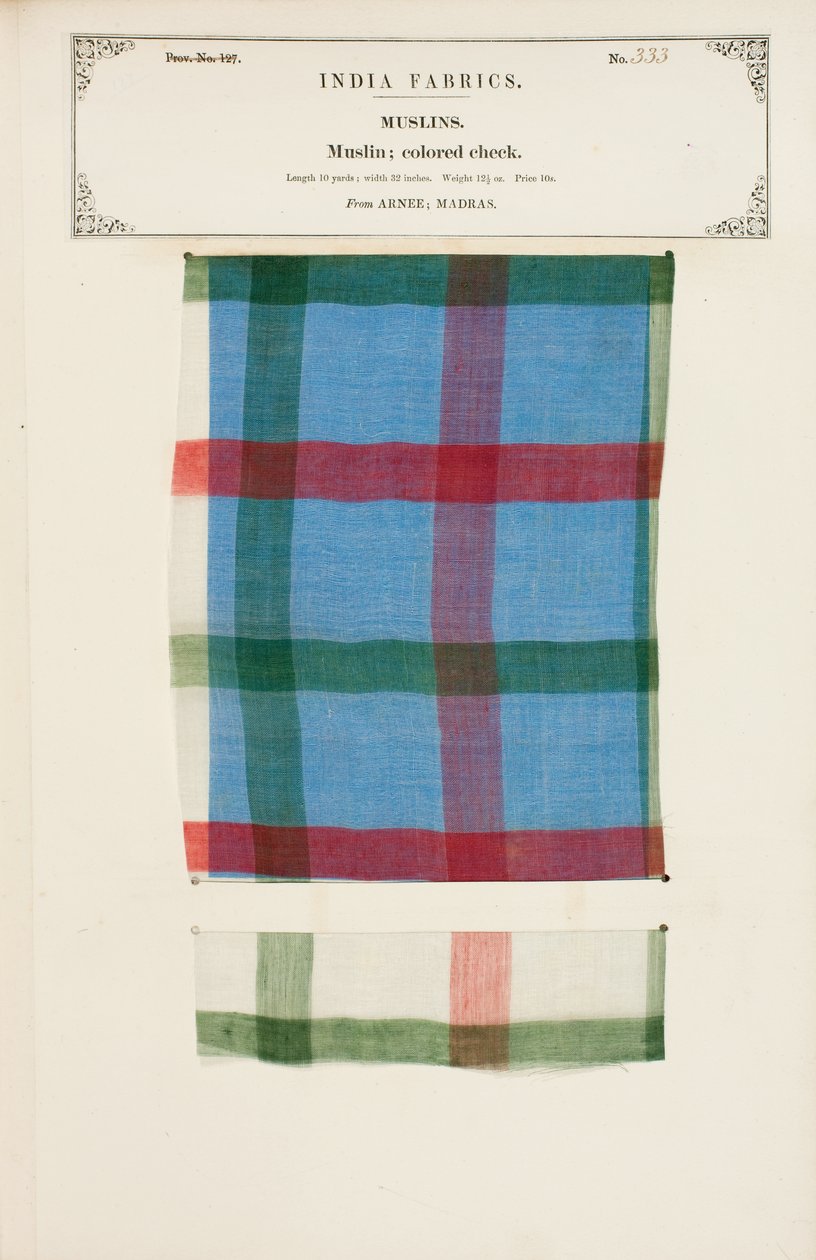 Próbka muślinu w kolorową kratkę z Arnee w Madrasie, z The Collection of the Textile Manufacturers of India, autorstwa Johna Forbesa Watsona, opublikowana w 1866 r. autorstwa Indian School