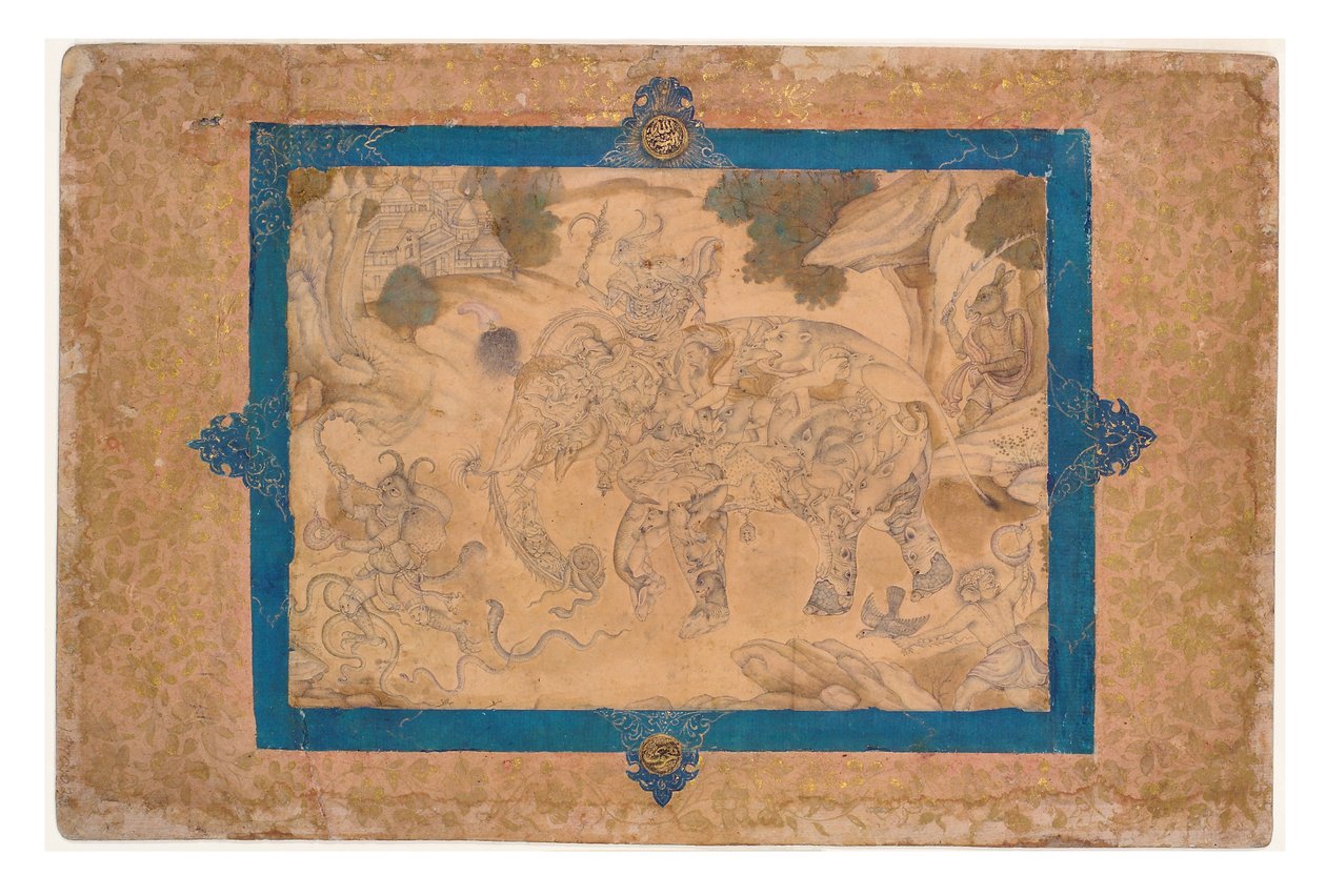Słoń kompozytowy i inne stworzenia, ok. 1600 (nieprzezroczysta toaleta i złoto na papierze) autorstwa Indian School