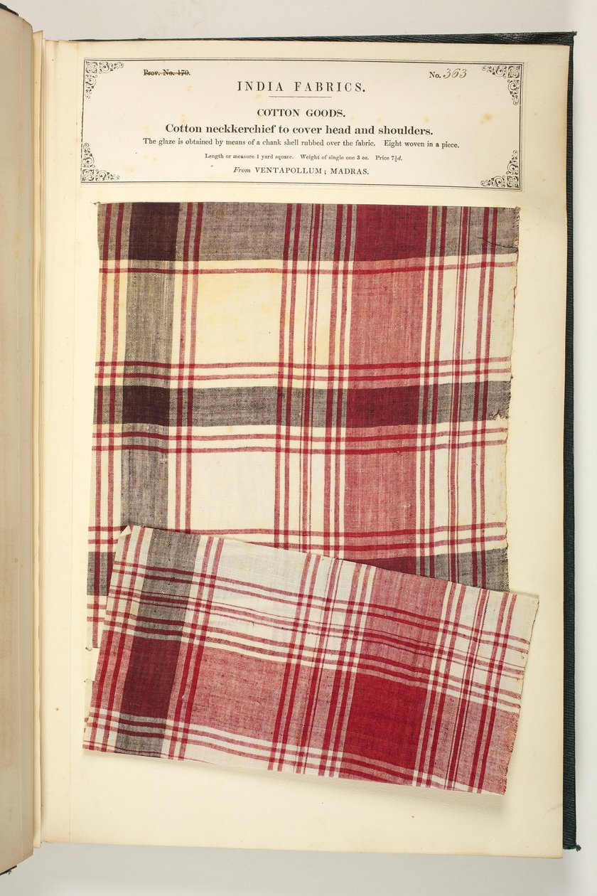 Bawełniana chusta na głowę i ramiona z Ventapollum w Madrasie, z „The Collection of the Textile Manufacturers of India”, Johna Forbesa Watsona, opublikowana w 1866 (media mieszane) autorstwa Indian School