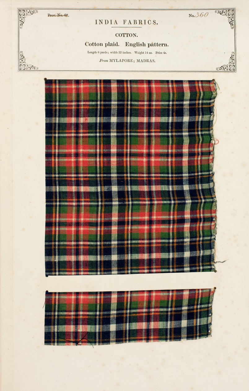 Próbka bawełnianej kraty z Mylapore w Madrasie, z The Collection of the Textile Manufacturers of India, autorstwa Johna Forbesa Watsona, opublikowana w 1866 r. autorstwa Indian School