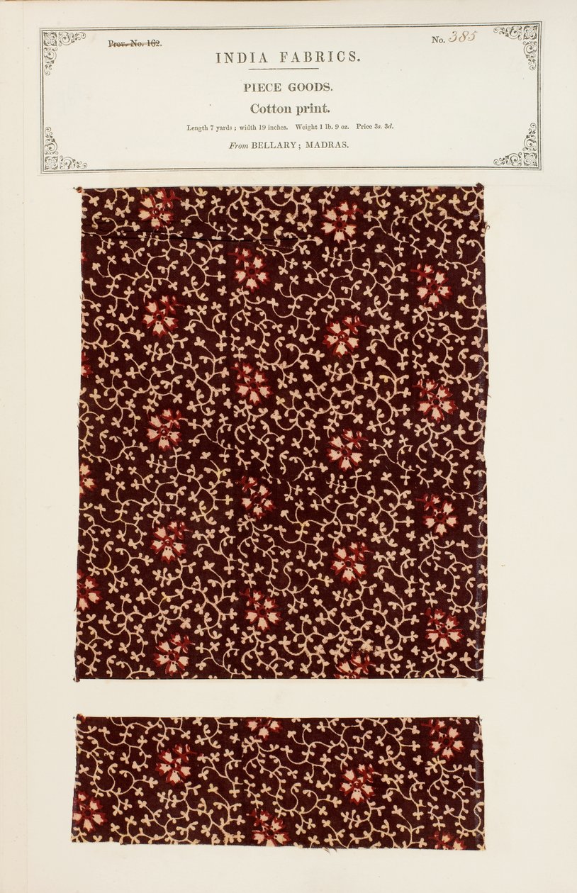 Próbka wydruku bawełnianego z Bellary in Madras, z The Collection of the Textile Manufacturers of India, Johna Forbesa Watsona, opublikowana w 1866 roku autorstwa Indian School