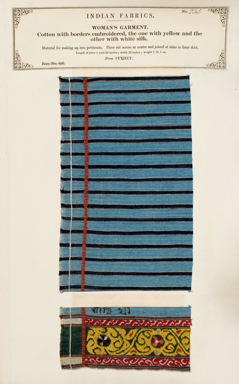 Próbka bawełny haftowana białym i żółtym jedwabiem z Sylhet, z The Collection of the Textile Manufacturers of India, Johna Forbesa Watsona, opublikowana w 1866 autorstwa Indian School