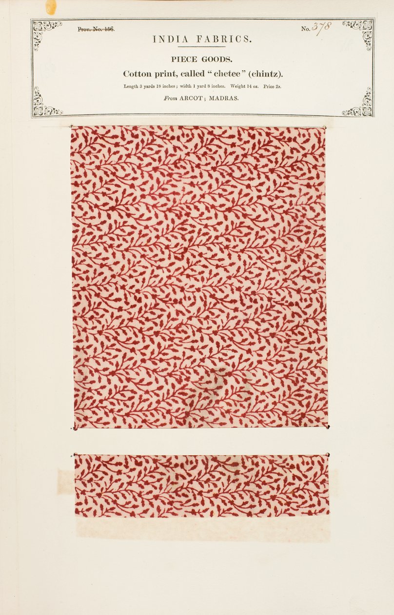 Próbka bawełny z nadrukiem chetee (perkal) z Arcot w Madrasie, z The Collection of the Textile Manufacturers of India, autorstwa Johna Forbesa Watsona, opublikowanej w 1866 r. autorstwa Indian School