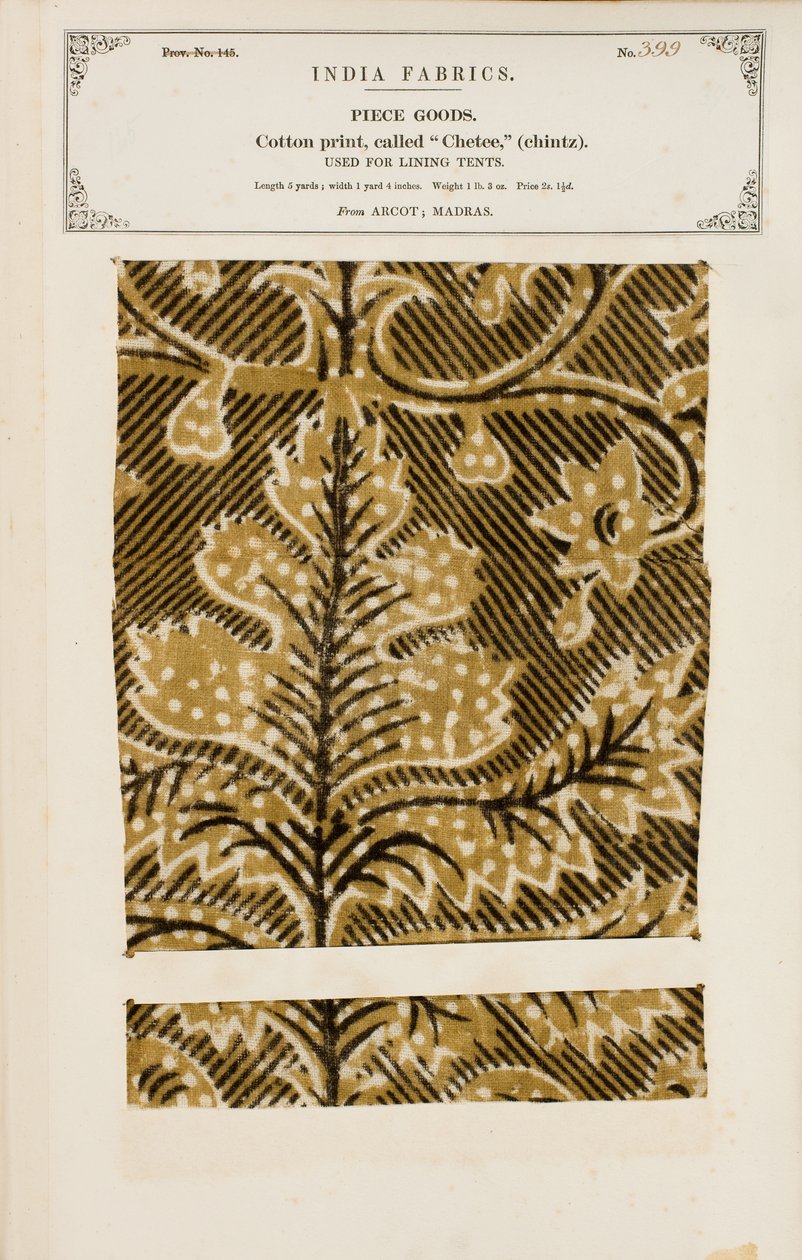 Próbka bawełny z nadrukiem chetee (perkal) z Arcot w Madrasie, z The Collection of the Textile Manufacturers of India, autorstwa Johna Forbesa Watsona, opublikowana w 1866 r. autorstwa Indian School