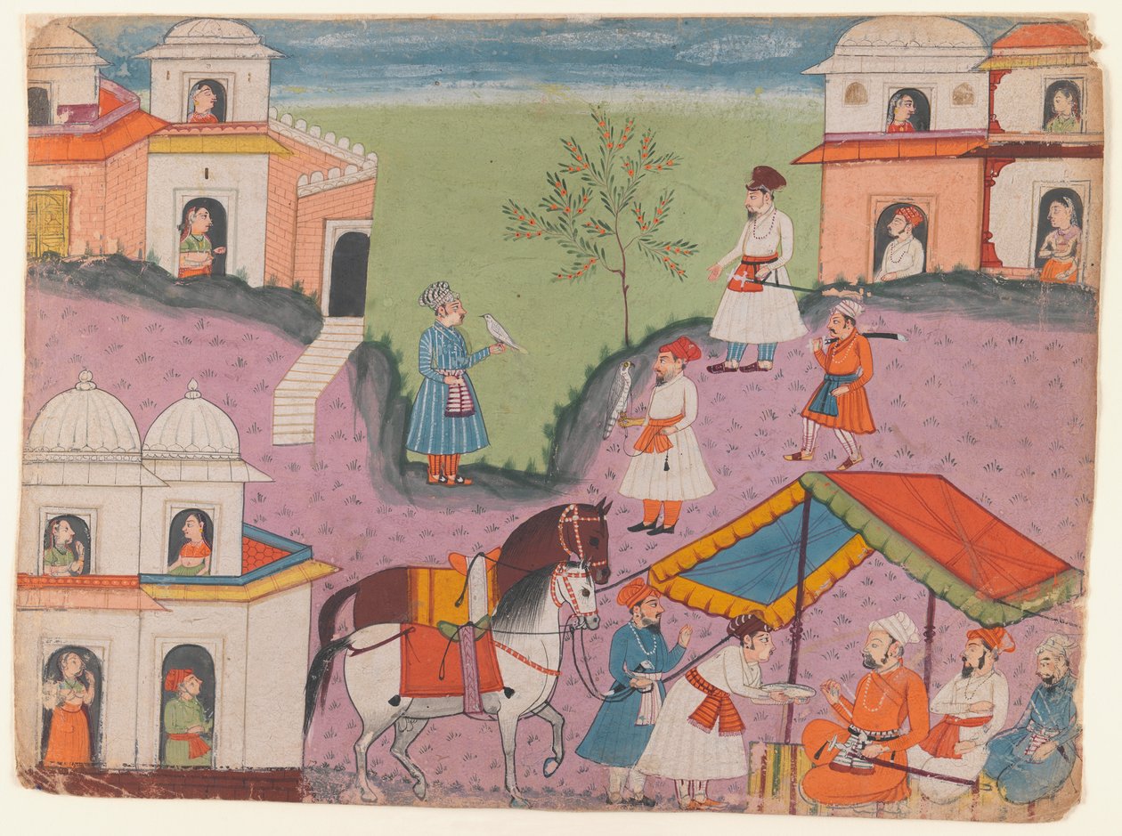 Dworskie eskapady, strona z niezidentyfikowanego cyklu narracyjnego, ok. 1670 (nieprzezroczyste wc na papierze) autorstwa Indian School