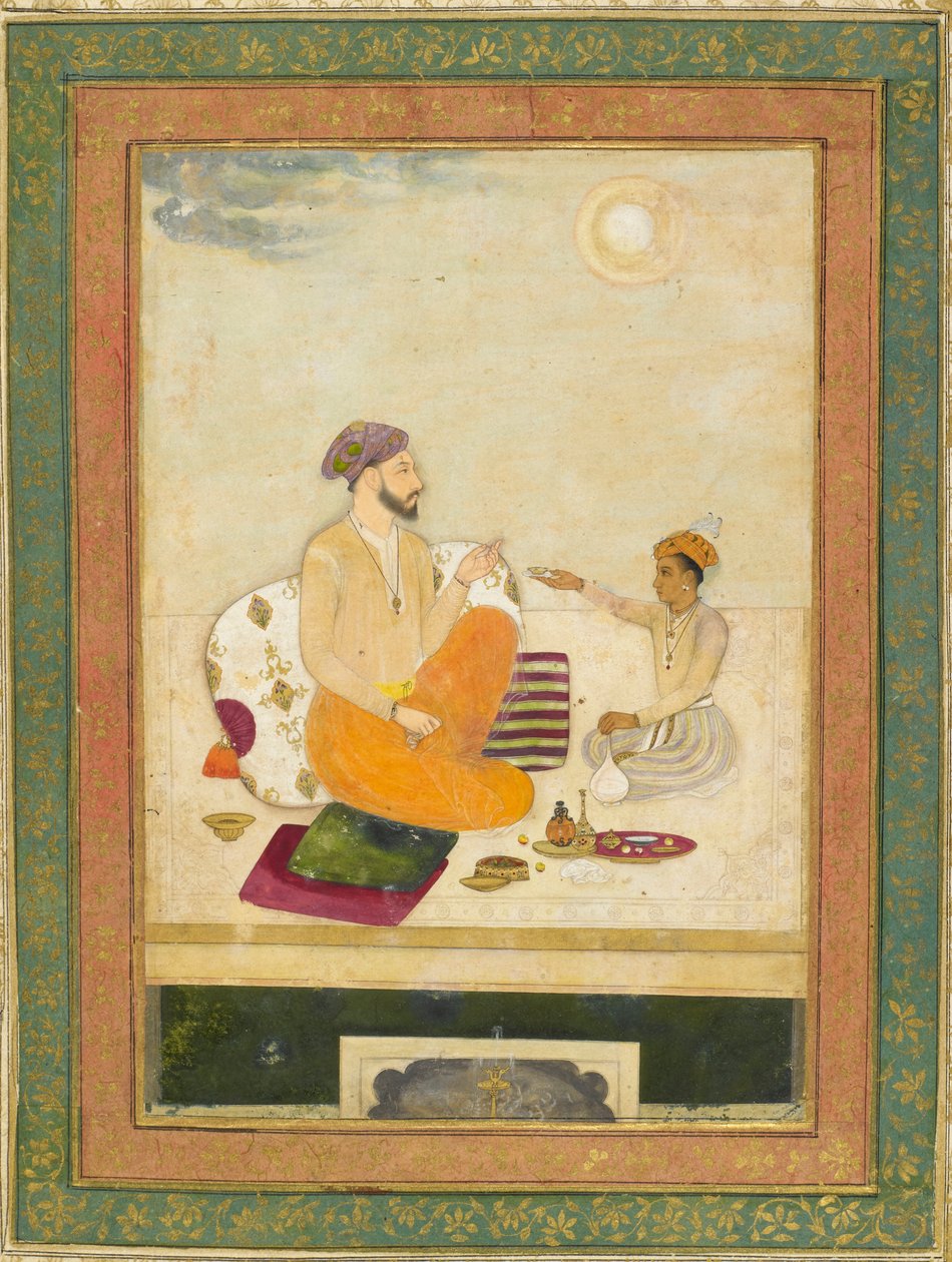 Dara Shikoh ofiarowuje Shah Jahanowi kubek wina (atrament i kolor na papierze) autorstwa Indian School
