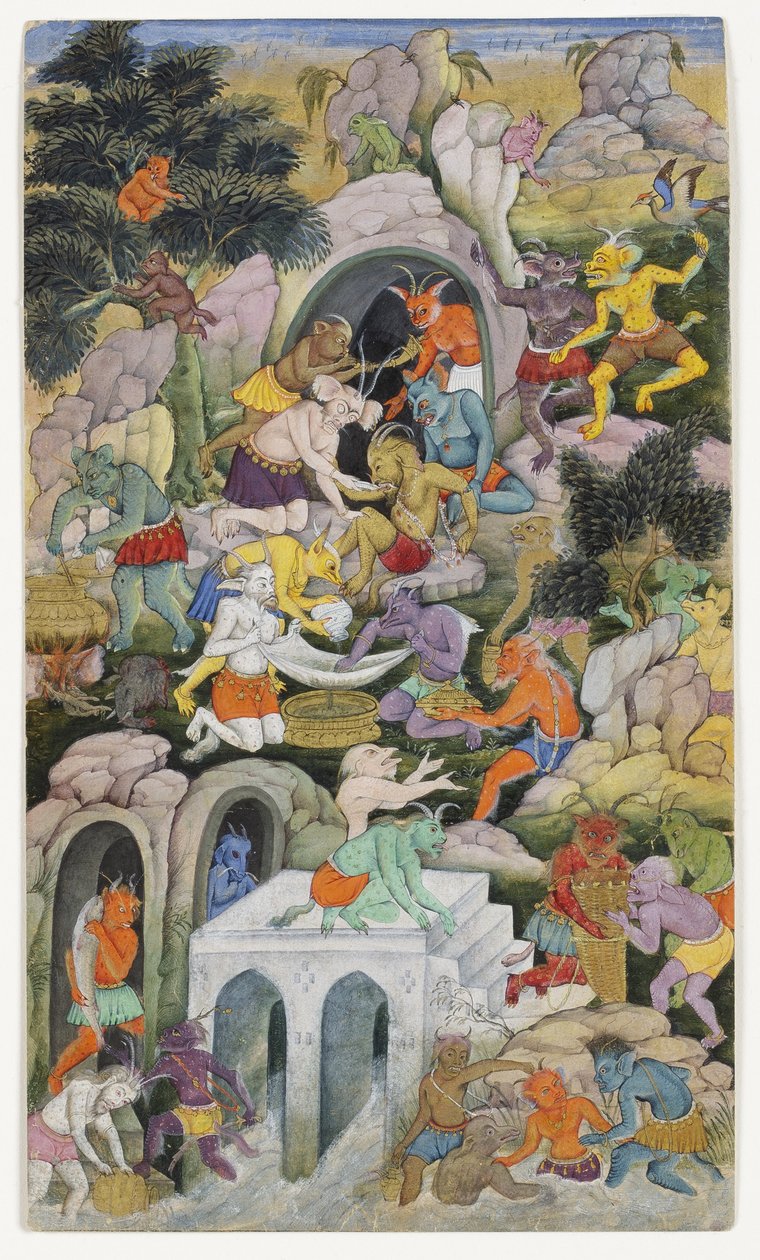 Demony w dzikim krajobrazie, ok. 1600 (nieprzezroczysta toaleta i złoto na papierze) autorstwa Indian School