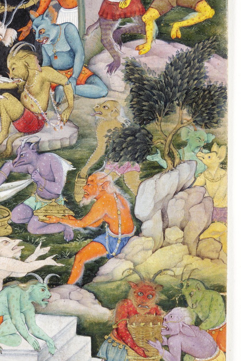 Fragment obrazu Demony w dzikim krajobrazie, ok. 1600 (nieprzezroczysta toaleta i złoto na papierze) autorstwa Indian School