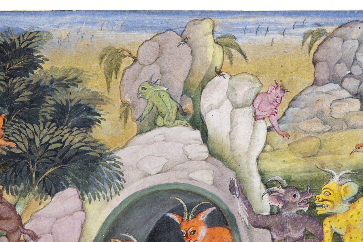 Fragment obrazu Demony w dzikim krajobrazie, ok. 1600 (nieprzezroczysta toaleta i złoto na papierze) autorstwa Indian School