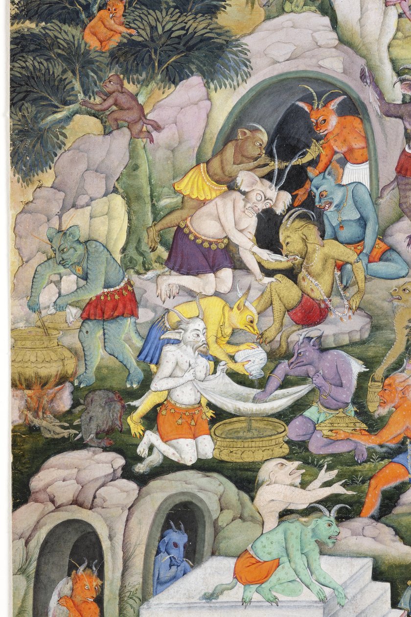 Fragment obrazu Demony w dzikim krajobrazie, ok. 1600 (nieprzezroczysta toaleta i złoto na papierze) autorstwa Indian School