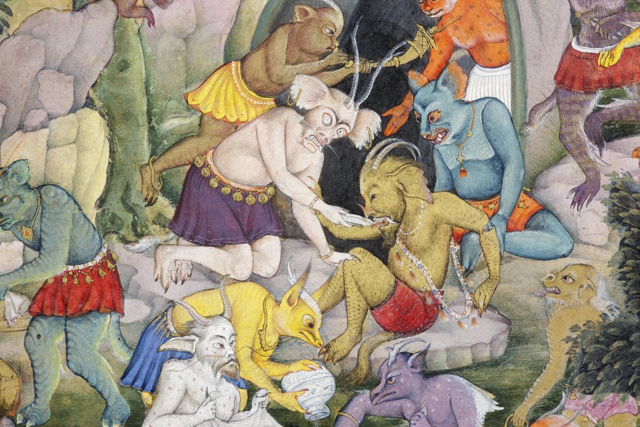 Fragment obrazu Demony w dzikim krajobrazie, ok. 1600 (nieprzezroczysta toaleta i złoto na papierze) autorstwa Indian School