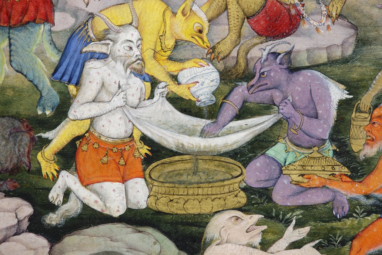 Fragment obrazu Demony w dzikim krajobrazie, ok. 1600 (nieprzezroczysta toaleta i złoto na papierze) autorstwa Indian School