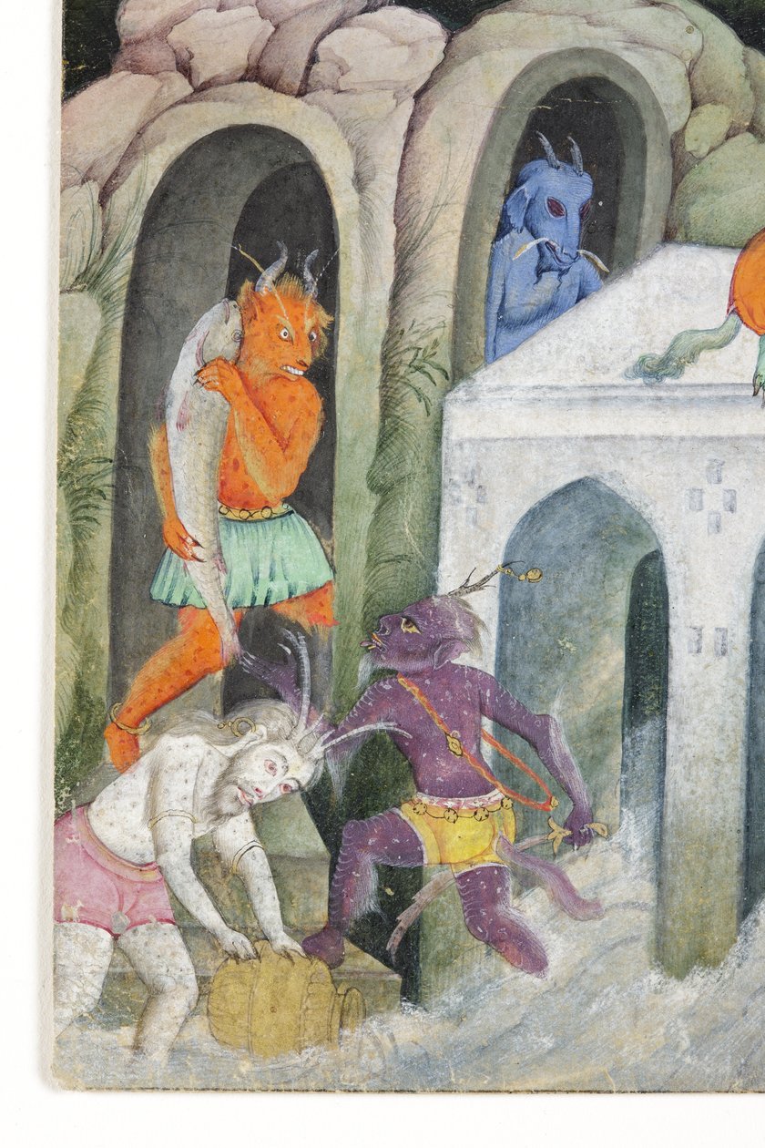 Fragment obrazu Demony w dzikim krajobrazie, ok. 1600 (nieprzezroczysta toaleta i złoto na papierze) autorstwa Indian School