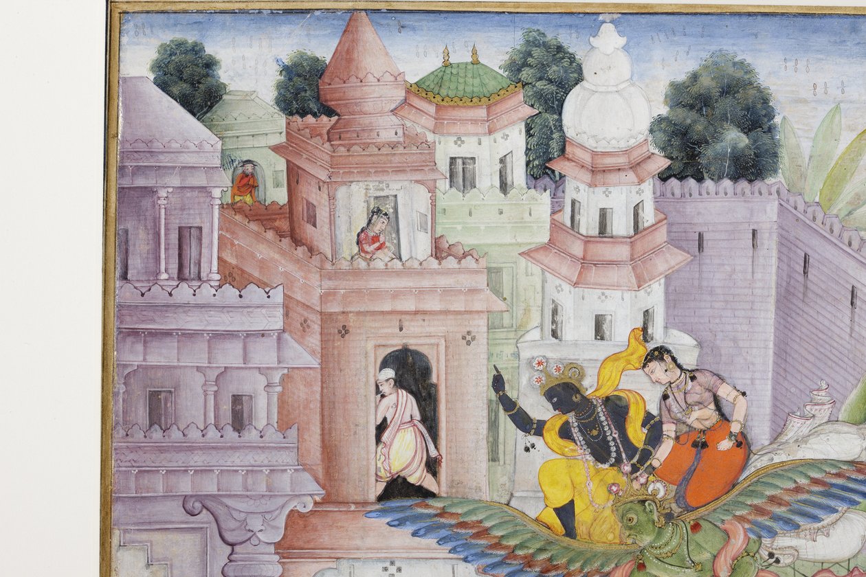 Fragment obrazu Krishna rozszczepia demona Narakasurę ze swoim dyskiem, ok. 1585-90 (nieprzezroczysta toaleta i złoto na papierze) autorstwa Indian School