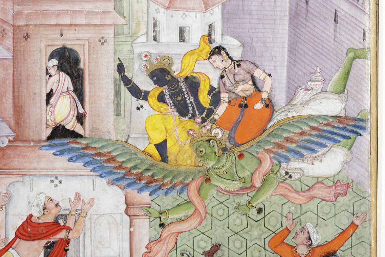Fragment obrazu Krishna rozszczepia demona Narakasurę ze swoim dyskiem, ok. 1585-90 (nieprzezroczysta toaleta i złoto na papierze) autorstwa Indian School