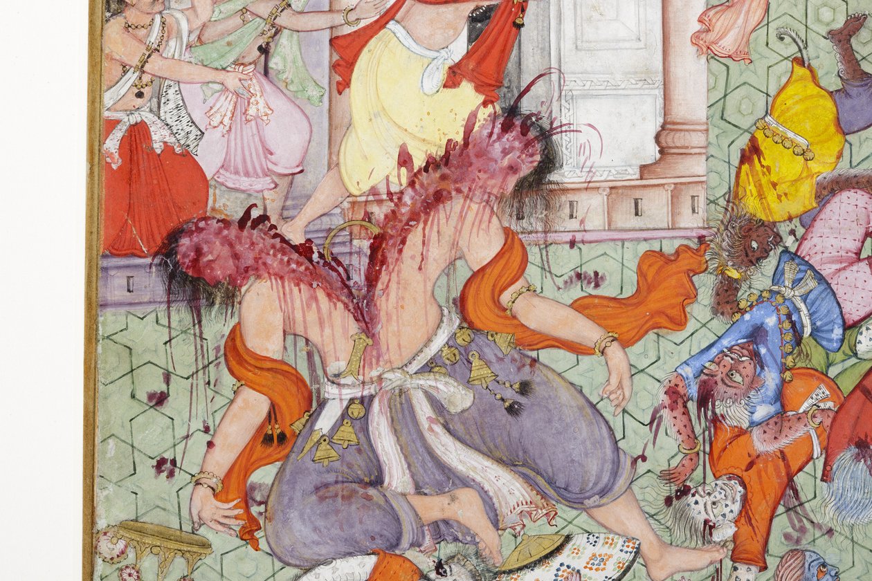 Fragment obrazu Krishna rozszczepia demona Narakasurę ze swoim dyskiem, ok. 1585-90 (nieprzezroczysta toaleta i złoto na papierze) autorstwa Indian School