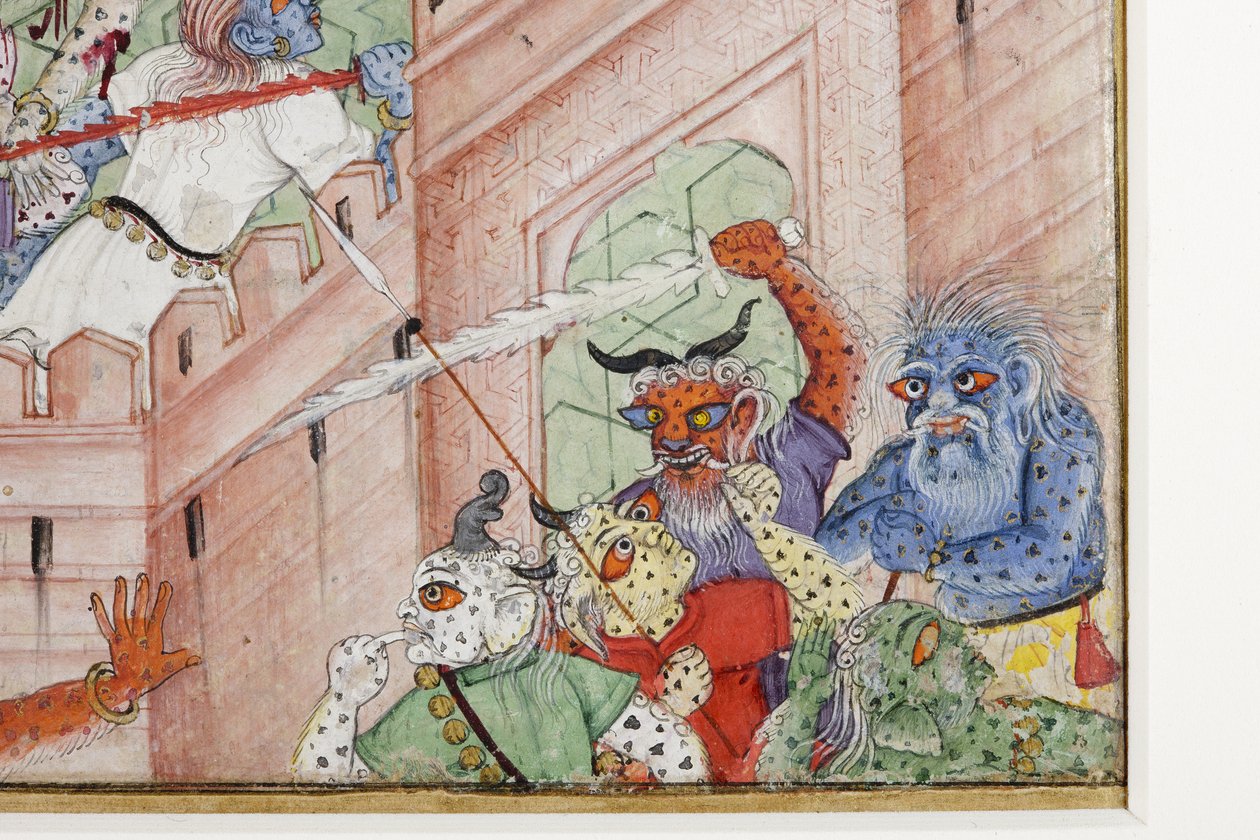 Fragment obrazu Krishna rozszczepia demona Narakasurę ze swoim dyskiem, ok. 1585-90 (nieprzezroczysta toaleta i złoto na papierze) autorstwa Indian School