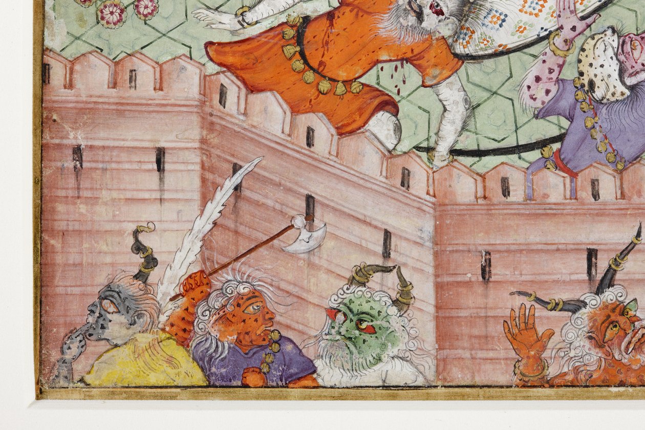 Fragment obrazu Krishna rozszczepia demona Narakasurę ze swoim dyskiem, ok. 1585-90 (nieprzezroczysta toaleta i złoto na papierze) autorstwa Indian School