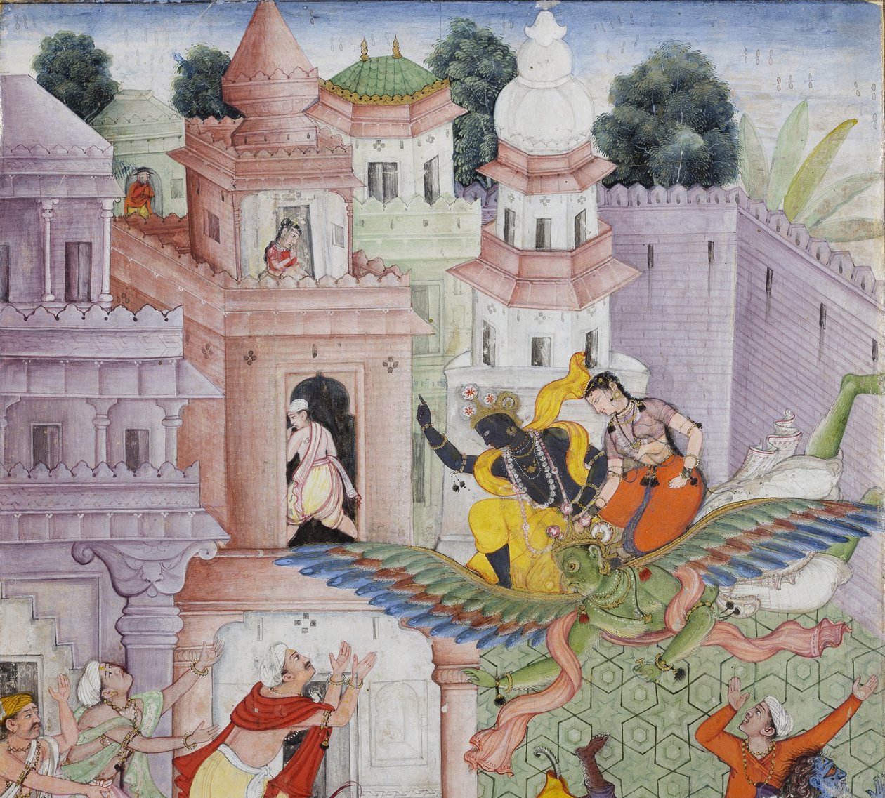 Fragment obrazu Krishna rozszczepia demona Narakasurę ze swoim dyskiem, ok. 1585-90 (nieprzezroczysta toaleta i złoto na papierze) autorstwa Indian School