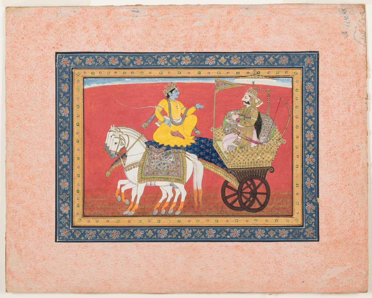 Dialog Kryszny i Ardżuny na polu bitwy pod Kurukszetrą, ok. 1820 (nieprzezroczysta akwarela i złoto na papierze) autorstwa Indian School