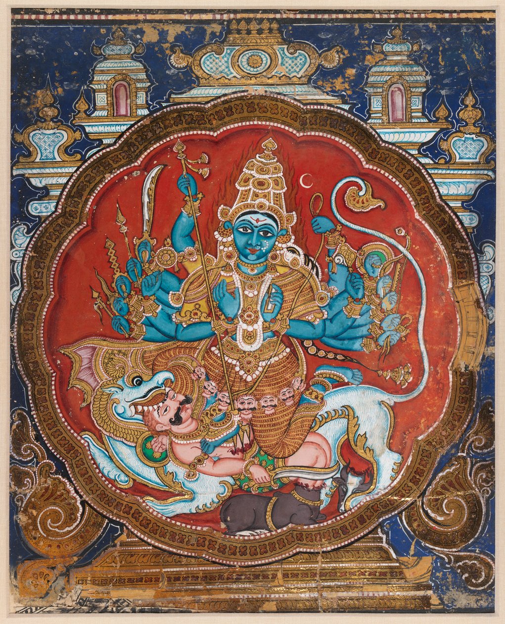 Durga Killing the Buffalo Demon (nieprzezroczysta akwarela ozdobiona nakładanymi paskami złota i lakieru) autorstwa Indian School