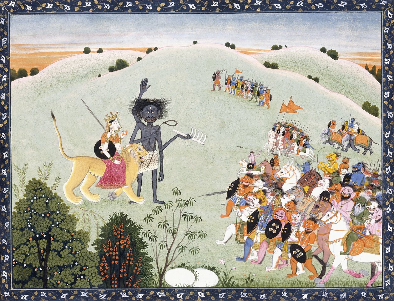 Durga i Kali stoją przed nacierającymi zastępami demonów, ok. 1800-1820 r autorstwa Indian School