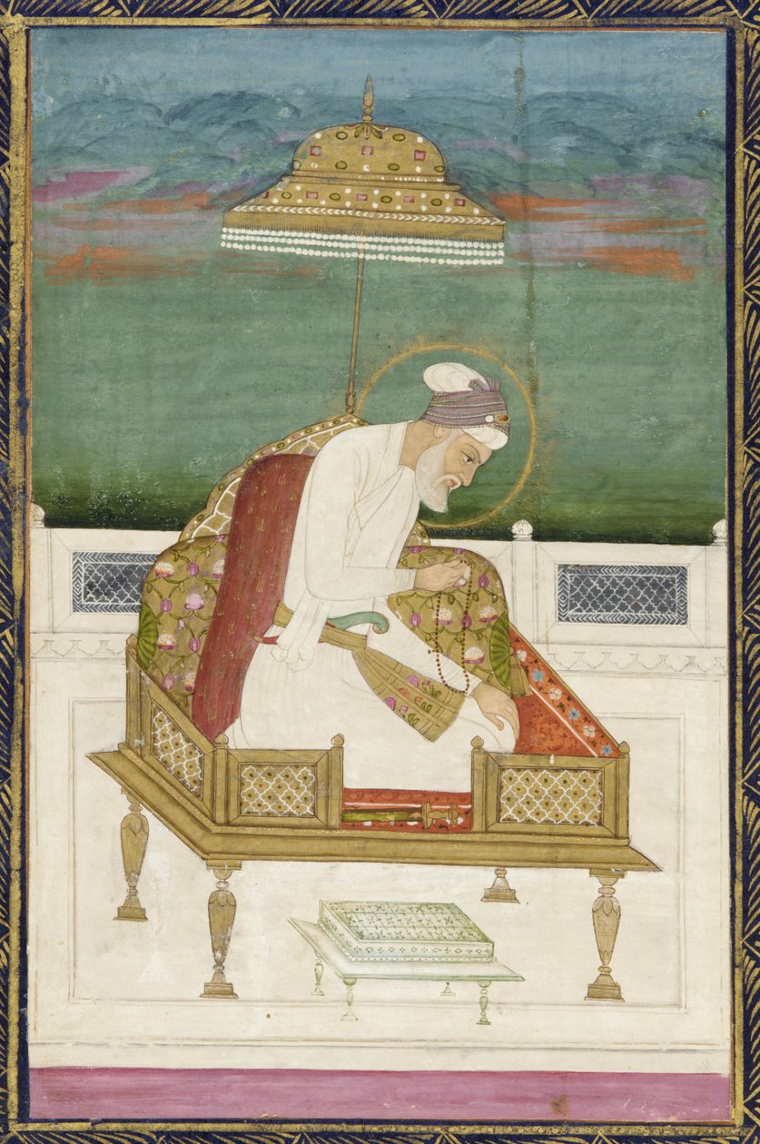 Cesarz Aurangzeb; rewers: panel kaligraficzny, oderwane folio albumu z obrazem, 1619 autorstwa Indian School