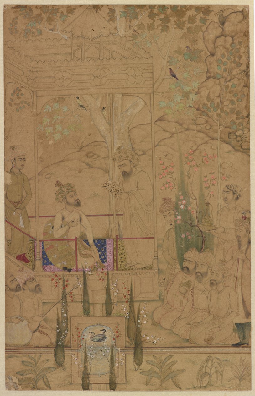 Cesarz Babur ze sługami w ogrodzie, ok. 1590 autorstwa Indian School